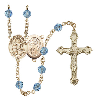 14 Karat Gold-Filled 6mm Austrian Crystal Saint Sebastian/Soccer-Women Rosary in Aqua