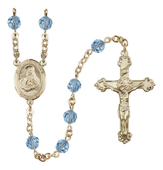 14 Karat Gold 6mm Austrian Crystal Saint Frances Cabrini Rosary in Aqua