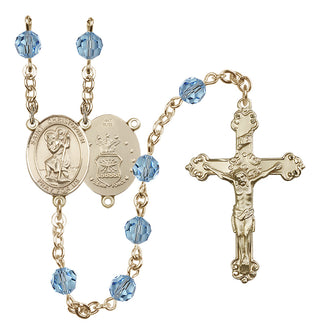 14 Karat Gold 6mm Austrian Crystal Saint Christopher / Air Force Rosary in Aqua