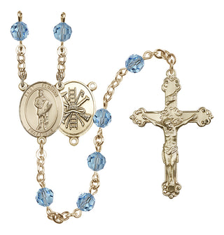 14 Karat Gold 6mm Austrian Crystal Saint Florian/Firefighter Rosary in Aqua