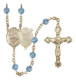 14 Karat Gold 6mm Austrian Crystal Saint George / Coast Guard Rosary in Aqua