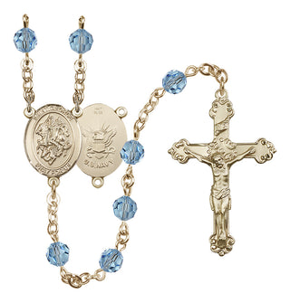 14 Karat Gold 6mm Austrian Crystal Saint George / Navy Rosary in Aqua