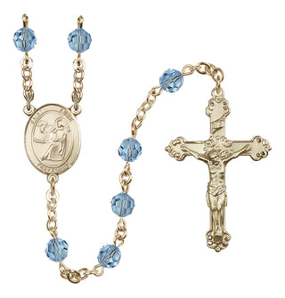 14 Karat Gold 6mm Austrian Crystal Saint Luke the Apostle Rosary in Aqua