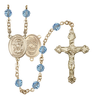 14 Karat Gold 6mm Austrian Crystal Saint Michael the Archangel/Policeman Rosary in Aqua