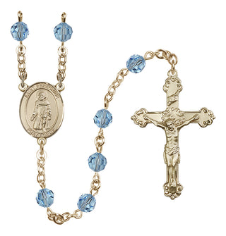 14 Karat Gold 6mm Austrian Crystal Saint Peregrine Laziosi Rosary in Aqua