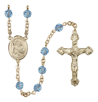 14 Karat Gold 6mm Austrian Crystal Saint Raphael the Archangel Rosary in Aqua