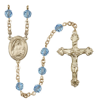 14 Karat Gold 6mm Austrian Crystal Saint Edith Stein Rosary in Aqua