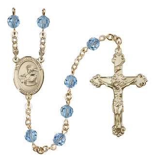 14 Karat Gold 6mm Austrian Crystal Saint Thomas Aquinas Rosary in Aqua