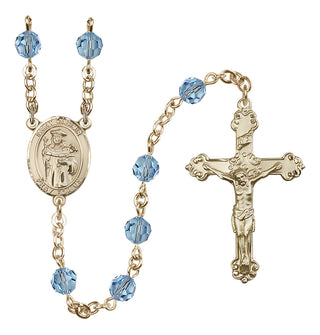 14 Karat Gold 6mm Austrian Crystal Saint Casimir of Poland Rosary in Aqua