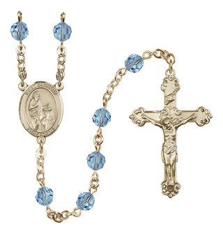14 Karat Gold 6mm Austrian Crystal Saint Zachary Rosary in Aqua