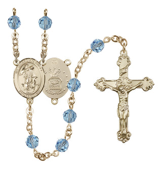 14 Karat Gold 6mm Austrian Crystal Guardian Angel / Air Force Rosary in Aqua