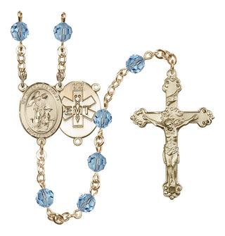 14 Karat Gold 6mm Austrian Crystal Guardian Angel / EMT Rosary in Aqua