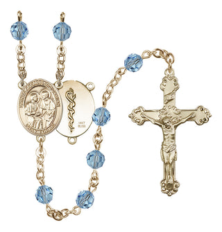 14 Karat Gold 6mm Austrian Crystal Saints Cosmas & Damian / Doctors Rosary in Aqua