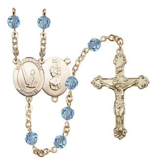 14 Karat Gold 6mm Austrian Crystal Saint Christopher/Gymnastics Rosary in Aqua