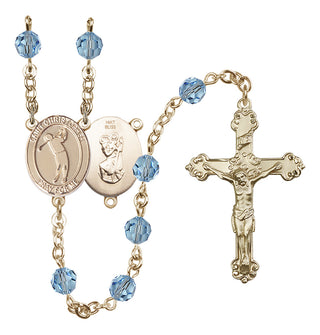14 Karat Gold 6mm Austrian Crystal Saint Christopher/Golf Rosary in Aqua
