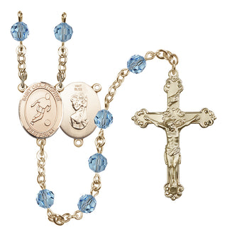14 Karat Gold 6mm Austrian Crystal Saint Christopher/Soccer Rosary in Aqua