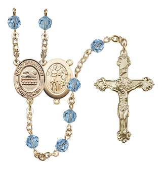 14 Karat Gold 6mm Austrian Crystal Saint Sebastian/Swimming Rosary in Aqua