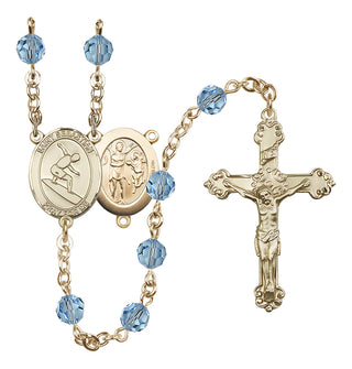14 Karat Gold 6mm Austrian Crystal Saint Sebastian/Surfing Rosary in Aqua