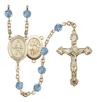 14 Karat Gold 6mm Austrian Crystal Saint Sebastian/Field Hockey Rosary in Aqua