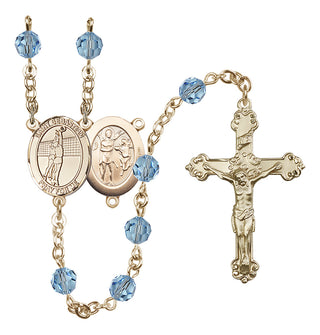 14 Karat Gold 6mm Austrian Crystal Saint Sebastian / Volleyball Rosary in Aqua