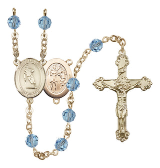 14 Karat Gold 6mm Austrian Crystal Saint Sebastian / Rugby Rosary in Aqua