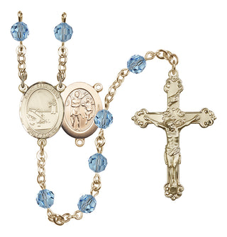 14 Karat Gold 6mm Austrian Crystal Saint Sebastian / Fishing Rosary in Aqua
