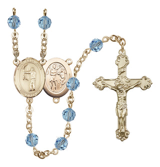 14 Karat Gold 6mm Austrian Crystal Saint Sebastian / Archery Rosary in Aqua
