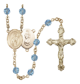 14 Karat Gold 6mm Austrian Crystal Saint Christopher / Rodeo Rosary in Aqua