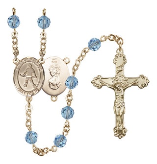 14 Karat Gold 6mm Austrian Crystal Saint Christopher / Field Hockey Rosary in Aqua