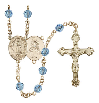14 Karat Gold 6mm Austrian Crystal Our Lady of Guadalupe Rosary in Aqua