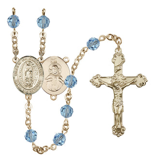 14 Karat Gold 6mm Austrian Crystal Virgen de Guadalupe Rosary in Aqua