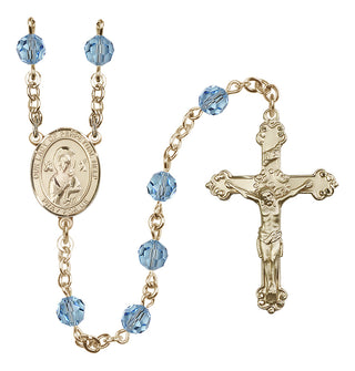 14 Karat Gold 6mm Austrian Crystal Our Lady of Perpetual Help Rosary in Aqua