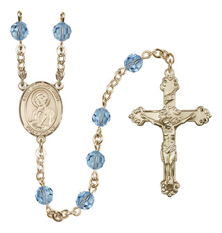 14 Karat Gold 6mm Austrian Crystal Saint Dominic Savio Rosary in Aqua