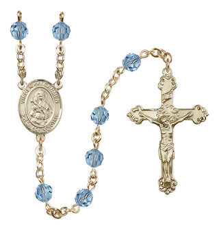 14 Karat Gold 6mm Austrian Crystal Virgen del Carmen Rosary in Aqua