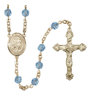 14 Karat Gold 6mm Austrian Crystal Virgen del Lourdes Rosary in Aqua