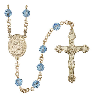 14 Karat Gold 6mm Austrian Crystal Our Lady of Prompt Succor Rosary in Aqua