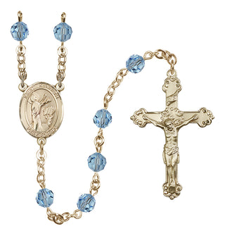 14 Karat Gold 6mm Austrian Crystal Saint Kenneth Rosary in Aqua