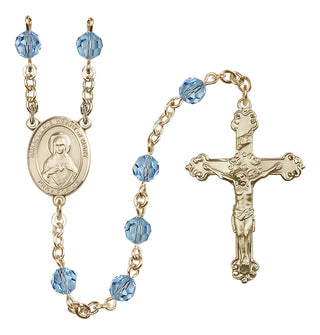 14 Karat Gold 6mm Austrian Crystal Immaculate Heart of Mary Rosary in Aqua
