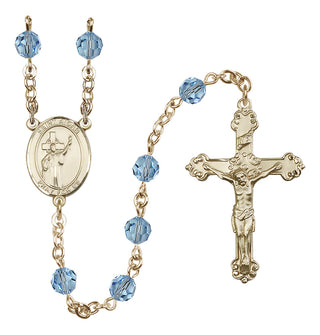 14 Karat Gold 6mm Austrian Crystal Saint Aidan of Lindesfarne Rosary in Aqua