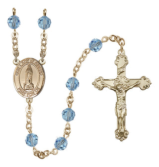 14 Karat Gold 6mm Austrian Crystal Our Lady of Kibeho Rosary in Aqua