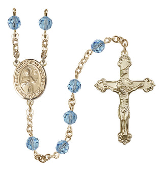 14 Karat Gold 6mm Austrian Crystal Saint Anthony Mary Claret Rosary in Aqua