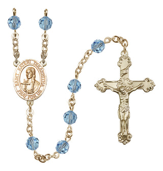 14 Karat Gold 6mm Austrian Crystal Saint Kateri Tekakwitha Rosary in Aqua