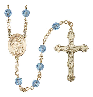 14 Karat Gold 6mm Austrian Crystal Guardian Angel w/Children Rosary in Aqua