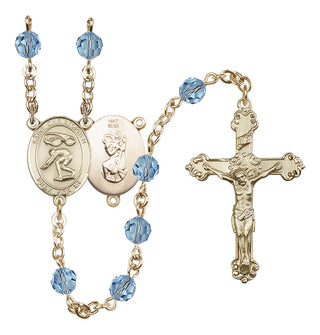 14 Karat Gold 6mm Austrian Crystal Saint Christopher/Swimming Rosary in Aqua