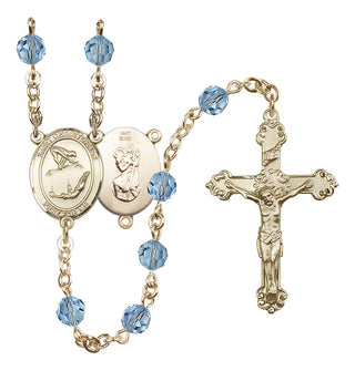 14 Karat Gold 6mm Austrian Crystal Saint Christopher/Gymnastics Rosary in Aqua