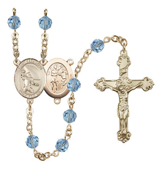 14 Karat Gold 6mm Austrian Crystal Saint Sebastian / Football Rosary in Aqua