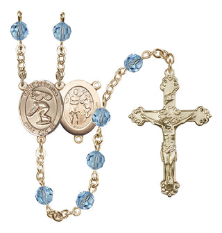 14 Karat Gold 6mm Austrian Crystal Saint Sebastian/Swimming Rosary in Aqua