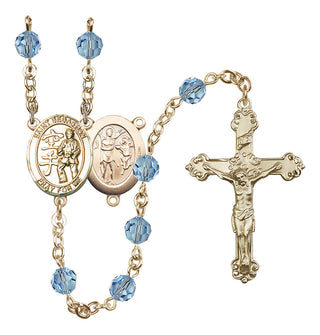 14 Karat Gold 6mm Austrian Crystal Saint Sebastian/Karate Rosary in Aqua