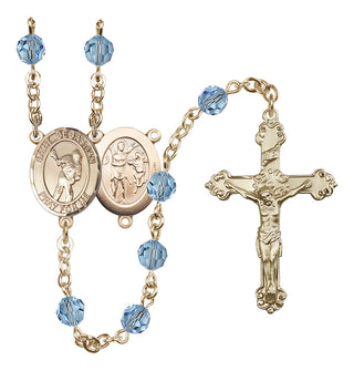 14 Karat Gold 6mm Austrian Crystal Saint Sebastian/Lacrosse Rosary in Aqua