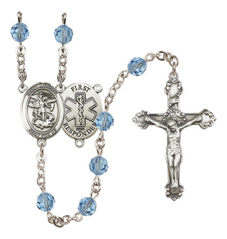 Sterling Silver 6mm Austrian Crystal Saint Michael/1St Responder Rosary in Aqua